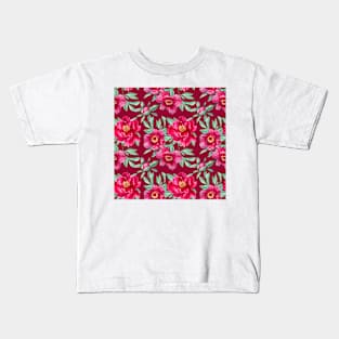 Bright peonies on bordo pattern Kids T-Shirt